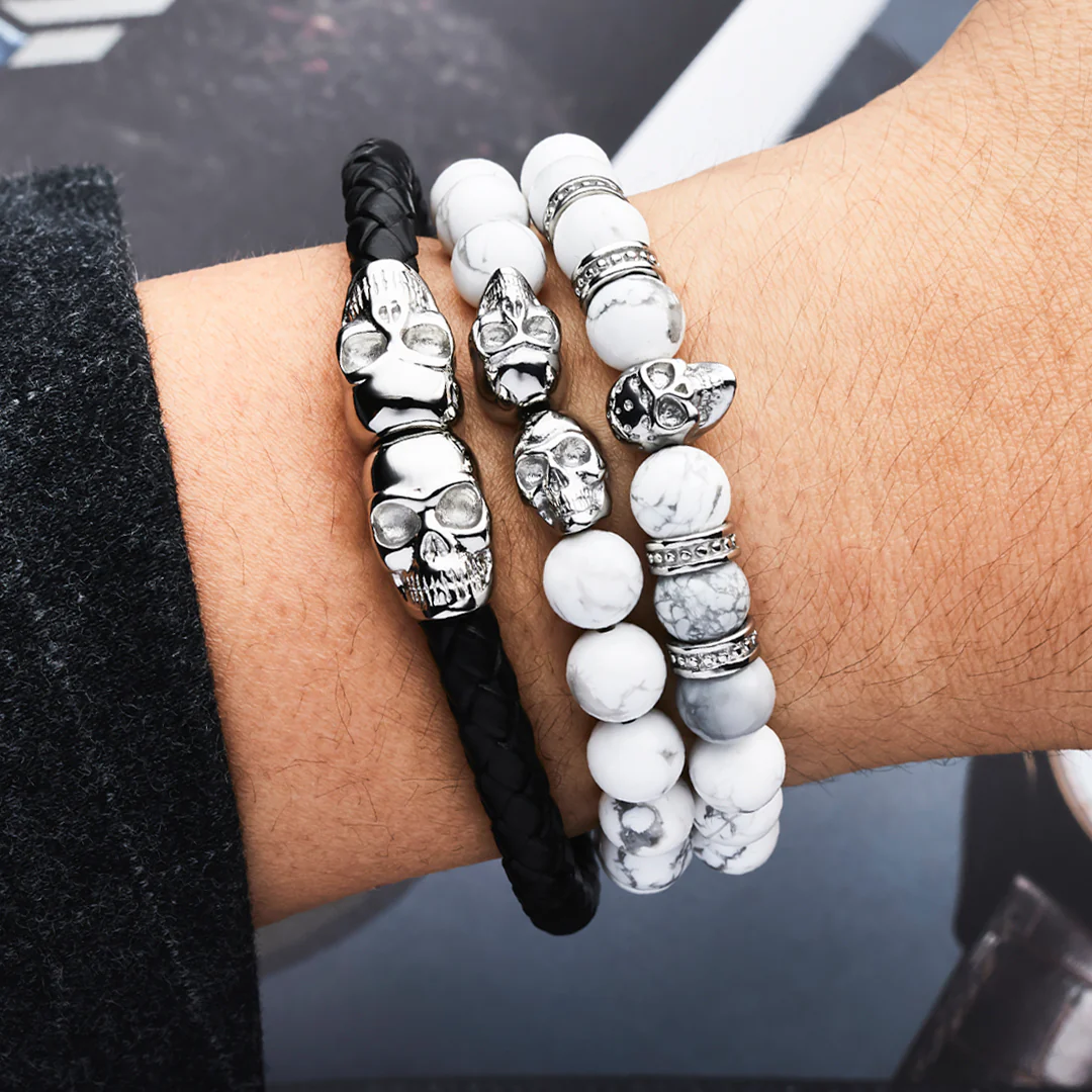 Genuine Leather Silver Twin Skull Bracelet - Image 3