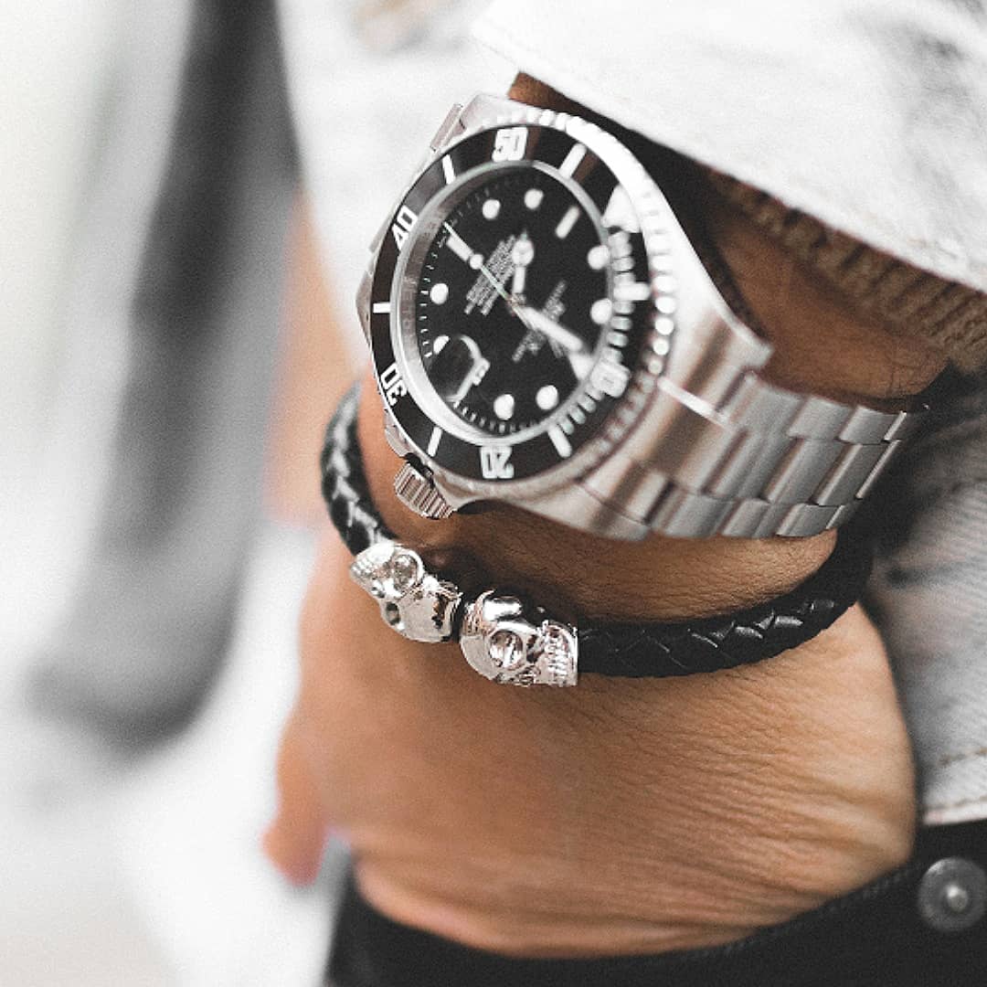 Genuine Leather Silver Twin Skull Bracelet - Image 4