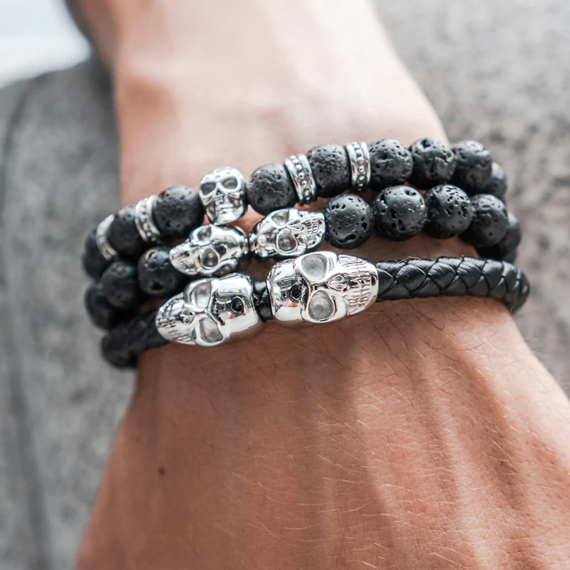 Genuine Leather Silver Twin Skull Bracelet - Image 5